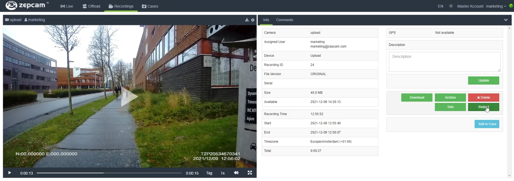 Screenshot of Zepcam Manager interface displaying a recorded body camera video with metadata, redaction tools, and case management options. The system enables secure video review, trimming, and facial redaction to ensure GDPR compliance and protect privacy during evidence handling.